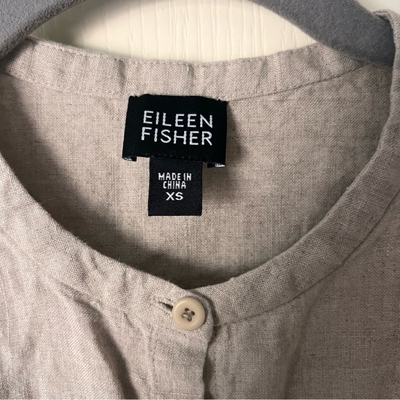 Eileen Fisher Tan Linen Mandarin Collar Button Down, 3 Quarter Sleeve Top, XS - Picture 3 of 10